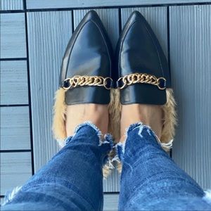 Kellparker faux fur black mule slides, size 9.